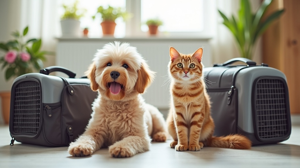 Assorted pet carriers and travel gear displayed next to a fluffy dog and a curious cat in a bright, welcoming room