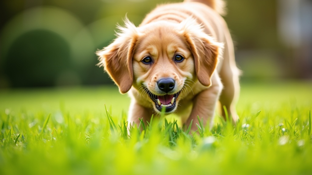 Dog eating grass in a garden