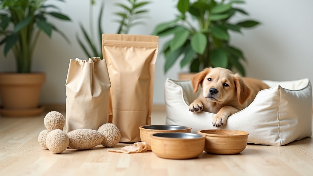 eco-friendly pet products including natural toys, sustainable beds, and zero-waste grooming supplies arranged on a wooden table next to a leafy plant
