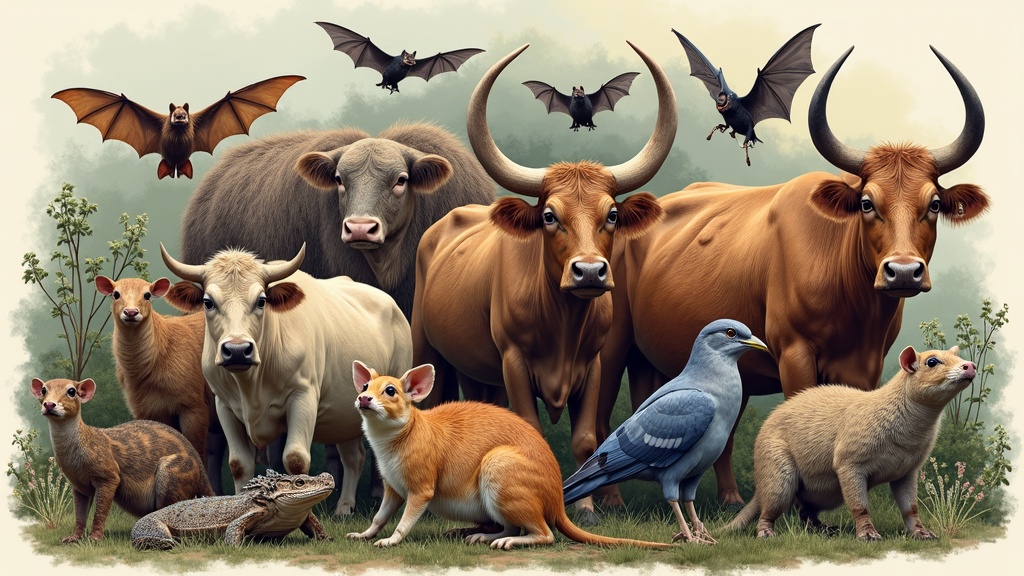 Various animals including bats, rodents, livestock, and birds in natural settings